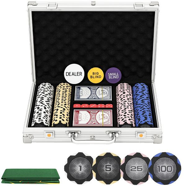 SPORTNOW Pokerchips-Set in Koffer, mit Würfeln, Dealer-Button, 2 Kartendecks, Silberfarben, A70-130V00SR