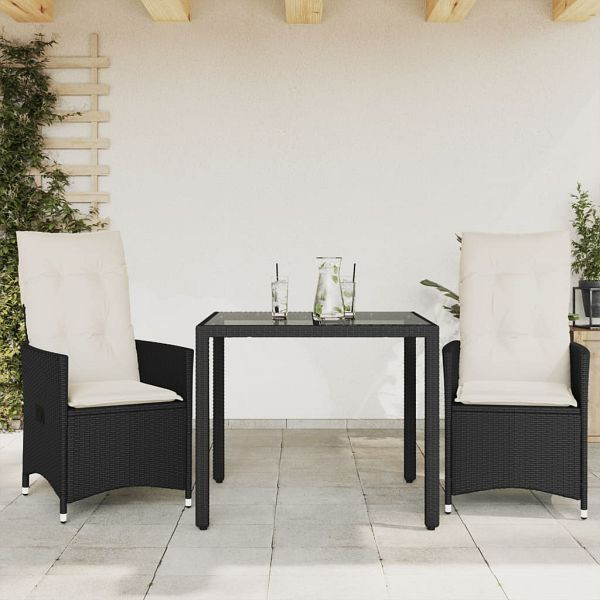 vidaXL 3-teilig Bistro-Set mit Kissen Schwarz Poly Rattan, 3276691