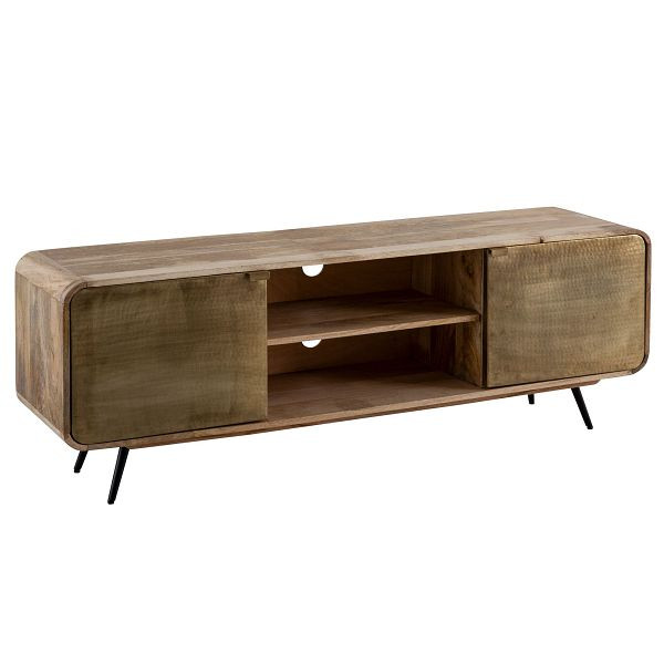 Wohnling Lowboard Mango Massivholz 160x55x41cm TV-Kommode mit zwei punzierten Türen, Design TV-Schrank Hoch, Fernsehtisch Fernsehschrank Modern, WL7.232