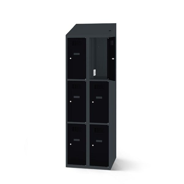 Rotstahl Fächerschrank, 6 Fächer, Stollenfüße, mit Ladefunktion, Schrägdach, Korpus: anthrazitgrau, Türen: tiefschwarz, 2180-020300-0802112-7016-9005