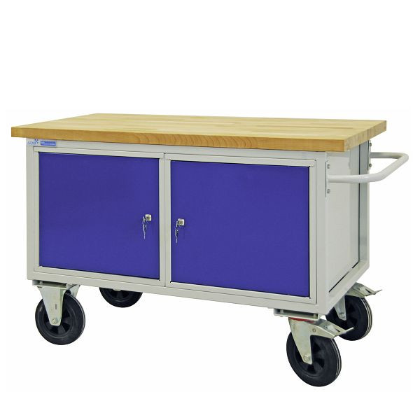 ADB Mobile Werkbank "Typ Tischwagen" mit 2 Türen, 840x1300x600 mm, Farbe Tischwagen: lichtgrau, RAL 7035, Farbe Tür/Schubladen: Lichtblau (RAL 5012), 42744