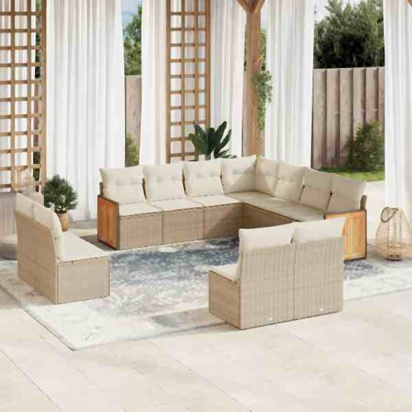 vidaXL 11-tlg. Garten-Sofagarnitur mit Kissen Beige Poly Rattan, UV-beständig, 3260168
