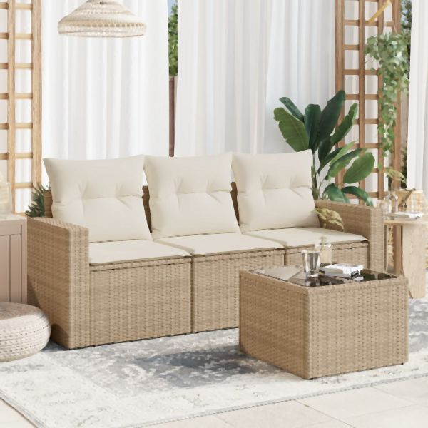 vidaXL 4-tlg. Garten-Sofagarnitur mit Kissen Beige Poly Rattan, 3218658