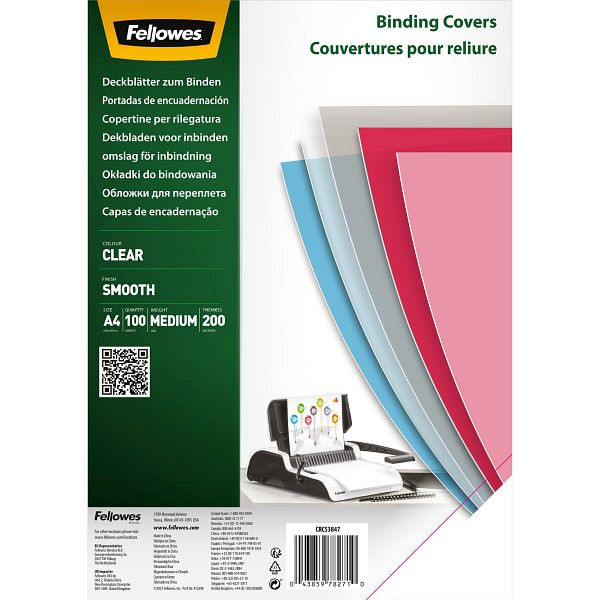 Fellowes Deckblätter, A4, PET 200 g/qm, glatt transparent, 100 Stück, 5384701