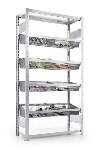 Meta Gitterkorbregal AR schwer 2000x1000x400 mm, verzinkt, mit 4 Drahtkörben + Fachteiler, 200185662