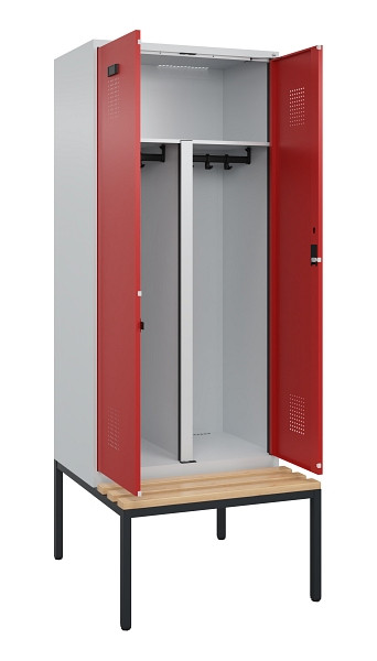 C+P PSA Doppel-Spind Evolo PLUS, Bank, 2 Abteile, 2120x800x815mm, 7035/3000, Zylinderschloss, Sitzfläche Buche-Hartholz, Sitzbank, 0490527-22P S10030