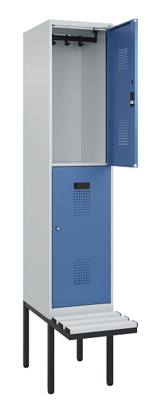 C+P Doppelstock-Spind Evolo PLUS, Bank, 2 Fächer, 2120x400x815mm, 7035/5023, Zylinderschloss, Sitzfläche Kunststoff, 0493407-12 S10116