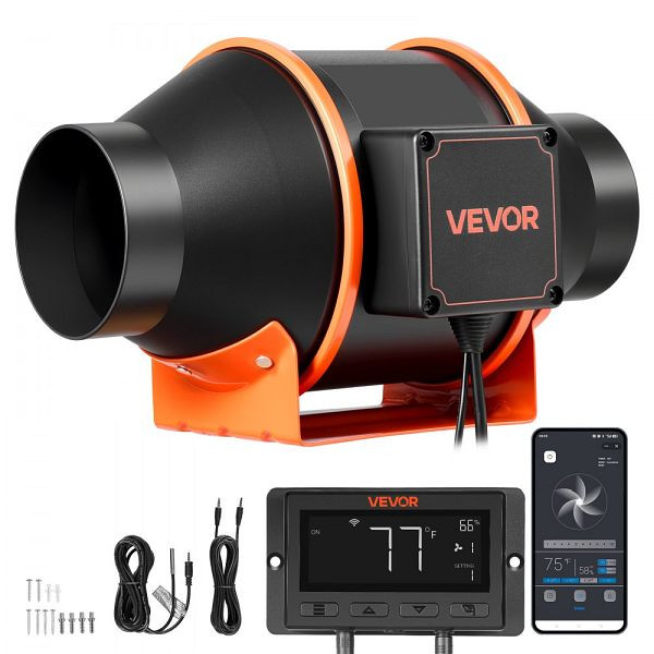 VEVOR 101,6mm Rohrventilator 349m³/h, PWM & App-Steuerung, 10 Stufen, 9h Timer, EC-Motor für Gewächshaus, Bad, Keller, XLGDFSEC4YCPTTHB5001V2
