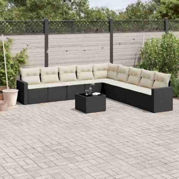 vidaXL 10-tlg. Garten-Sofagarnitur mit Kissen Schwarz Poly Rattan, UV-beständig, 3219086