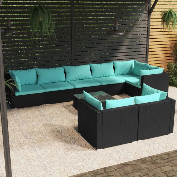 vidaXL 9-teilig Garten-Lounge-Set mit Kissen Schwarz Poly Rattan, 3102489