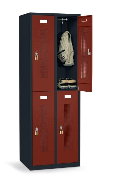 Deskin Doppelstöckiger Garderoben-Spind ohne Unterbau, Rubinrot RAL 3003, 590 x 500 x 1700 mm, 4 Abteile, Korpus: Anthrazit RAL 7021, 346900