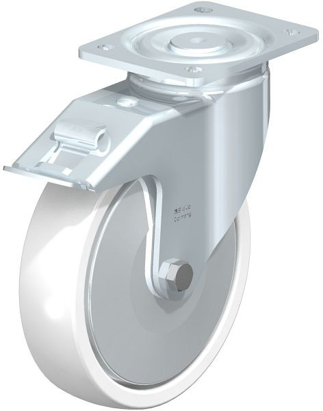 Blickle LH-SPO 201G-FI-FA Stahlblech-Lenkrolle, Schwerlast-Ausführung, mit Anschraubplatte & Feststeller, Polyamid, Weiß, 705327