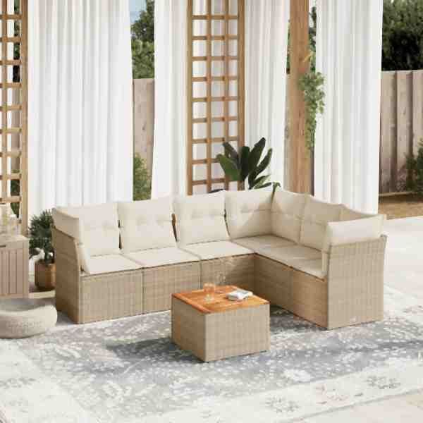 vidaXL 7-tlg. Garten-Sofagarnitur mit Kissen Beige Poly Rattan, UV-beständig, 3255988