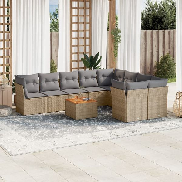 vidaXL 10-tlg. Garten-Sofagarnitur mit Kissen Beige Poly Rattan, 3256150