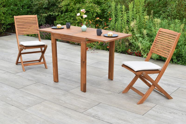 Merxx Bali Set 5-teilig, 2 Klappstühle, 2 Sitzkissen, beige, 1 Balkonausziehtisch 65 (130) x 70 cm, FSC Akazie, 51150-311