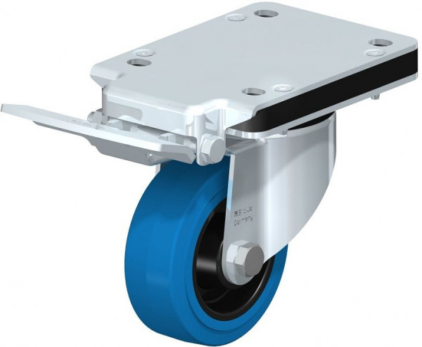 Blickle LK-POEV 100XR-3-IS-SB Stahlblech-Lenkrolle, schwere Ausführung, mit Anschraubplatte & Feststeller, Elastik-Vollgummi, Blau, 850992