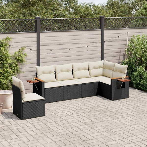 vidaXL 6-teilig Garten-Sofagarnitur mit Kissen Schwarz Poly Rattan, 3226854