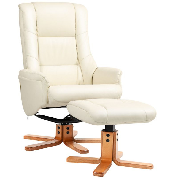 HOMCOM Relaxsessel mit Hocker, Liegefunktion, Kunstlederbezug, bis 150 kg, 71 x 84 x 102 cm, Cremeweiß, 839-962V00CW