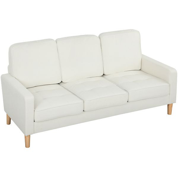 HOMCOM 3-Sitzer-Sofa mit dicken Kissen, Kautschukholz, Stoffbezug, Polstersofa für Wohnzimmer, Büro, Schlafzimmer, Cremeweiß, 83B-349V00CW