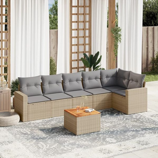 vidaXL 7-tlg. Garten-Sofagarnitur mit Kissen Beige Poly Rattan, 3224134