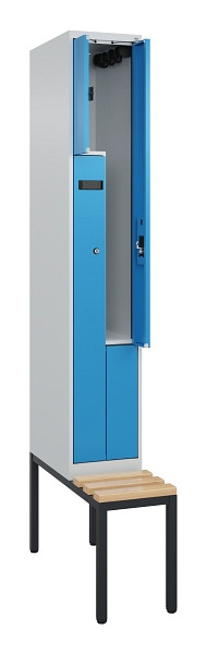 C+P Z-Spind Evolo PLUS, Bank, 2 Fächer, 2120x300x815mm, 7035/5012, Zylinderschloss, Sitzfläche Buche-Hartholz, Sitzbank, 0490537-102 S10039