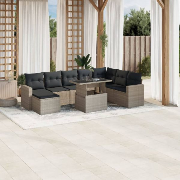 vidaXL 9-tlg. Garten-Sofagarnitur mit Kissen Hellgrau Poly Rattan, 3267472