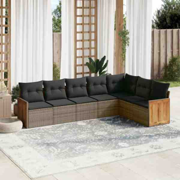 vidaXL 7-tlg. Garten-Sofagarnitur mit Kissen Grau Poly Rattan, UV-beständig, 3260114