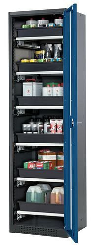 asecos Chemikalienschrank Systema-T CS-56RG, Korpus anthrazit, Flügeltüren blau, 6 Tablarauszüge, 209037