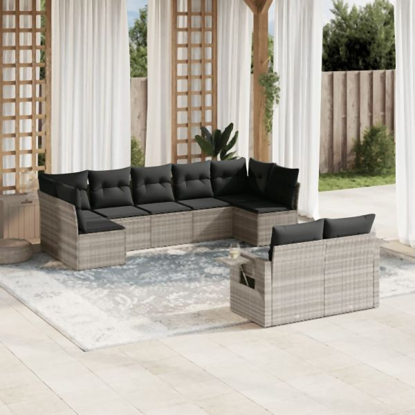 vidaXL 9-tlg. Garten-Sofagarnitur mit Kissen Hellgrau Poly Rattan, 3252959