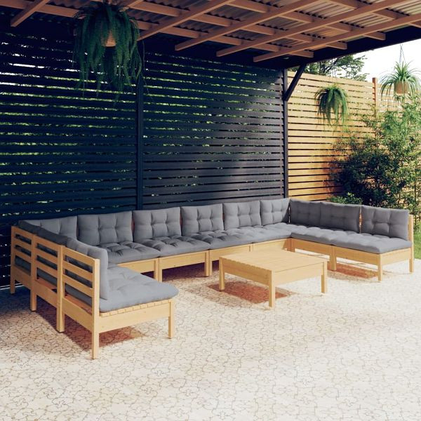 vidaXL 11-teilig Garten-Lounge-Set mit Grauen Kissen Kiefer Massivholz, 3097192