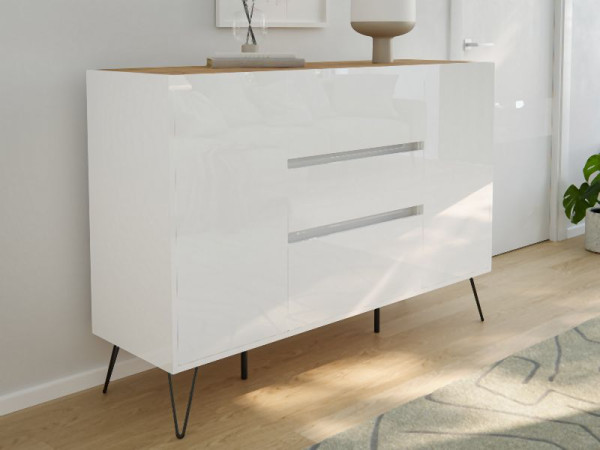 Posseik Sideboard Industrial N 140cm 3 Schubladen 2 Türen Weiß/Eiche Top, PN2091X0000059DE