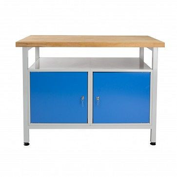 ADB Werkbank mit 2 Türen und Ablage, Maße: 1200x600x840mm (BxTxH), Farbe Werktisch: grau, RAL 7035, Farbe Tür: Lichtblau, RAL 5012, 41924