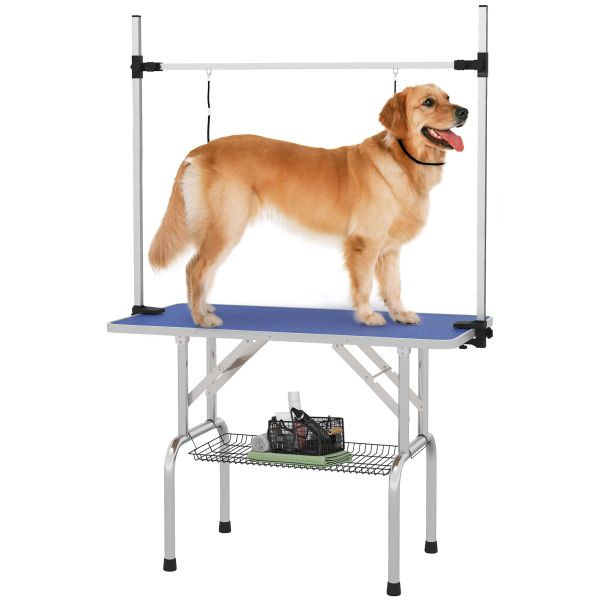 PawHut Trimmtisch mit Unterkorb für Hunde höhenverstellbar klappbar Edelstahl Metall Blau 107 x 60 x 170 cm, D01-027BU