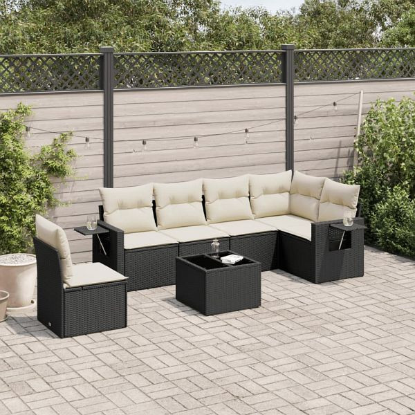 vidaXL 7-teilig Garten-Sofagarnitur mit Kissen Schwarz Poly Rattan, 3252573