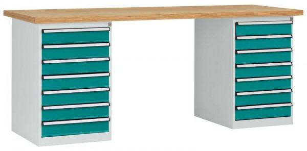 Manuflex Werkbanksystem COMBI, 2 Gehäuse Modell 3 mit Multiplexplatte, BxTxH = 2000 x 700 x 840 mm, Wasserblau, WC5126.5021