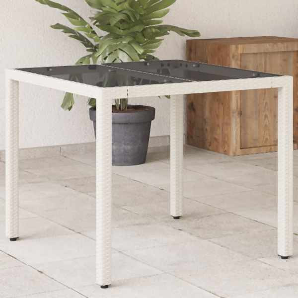 vidaXL Gartentisch mit Glasplatte Weiß 90x90x75 cm Poly Rattan, UV-beständig, 368123