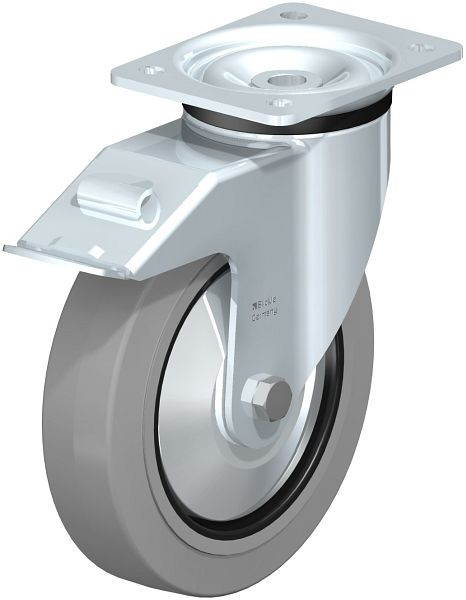 Blickle LK-POEV 200K-FI-SG-FA Stahlblech-Lenkrolle, schwere Ausführung, mit Anschraubplatte & Feststeller, Elastik-Vollgummi, Grau, 750382