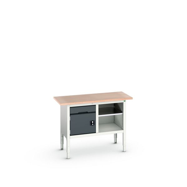 bott verso Kastenwerkbank (Multiplex-Platte) mit 1 Schublade, 1 Tür und Ablageboden, BxTxH: 1250 x 600 x 830 - 930 mm, Lichtgrau/Anthrazitgrau, 16923000.19