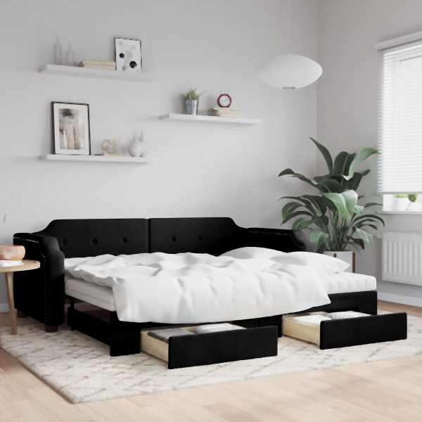 vidaXL Tagesbett Ausziehbar mit Schubladen Schwarz 90x190 cm Stoff, 3197700