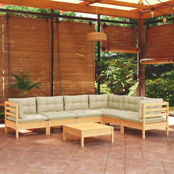 vidaXL 7-teilig Garten-Lounge-Set mit Creme Kissen Massivholz Kiefer, 3096689