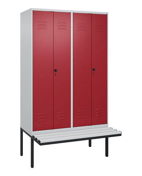 C+P Umkleidespind Classic PLUS, Doppel-Spind, 4 Abteile, 2120x1200x815mm, 7035/3003, Drehriegel, Untergestell & Sitzfläche, 0800427-40P S10031