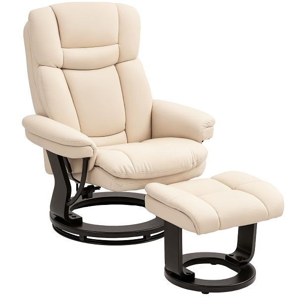 HOMCOM Relaxsessel mit Fußhocker, Verstellbarer Sessel, Kunstleder-Bezug, Polstersessel mit klappbarer Rückenlehne, Cremeweiß, 83B-291V00CW