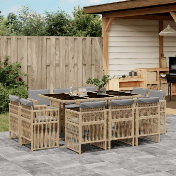 vidaXL 11-tlg. Garten-Essgruppe mit Kissen Beigemischung Poly Rattan, 3211032