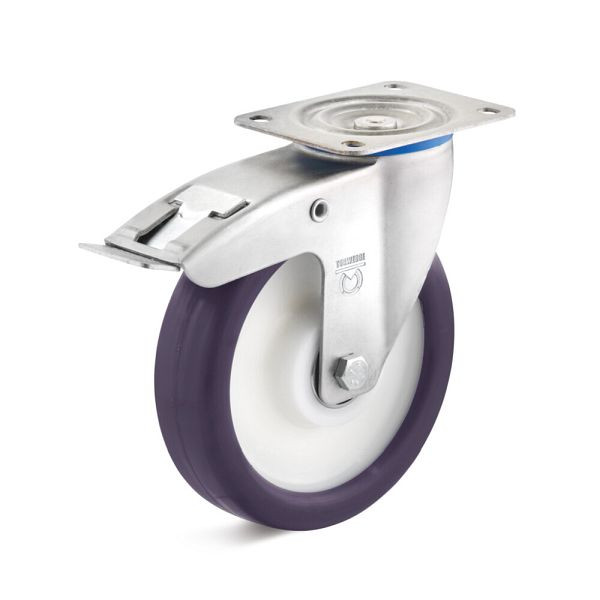 Torwegge Elastik-Polyurethan Lenkrolle mit Doppelstopp, Tragfähigkeit 300 kg, Rad-Ø 150 mm, Radbreite 45 mm, Ausladung 52 mm, 0019401
