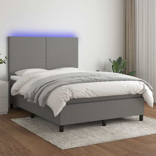 vidaXL Boxspringbett mit Matratze & LED Dunkelgrau 140x200 cm Stoff, 3134718