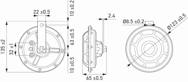 HELLA Horn, B133, 12V, 118dB(A), Frequenzbereich: 300/500Hz, Starkton, Gehäusefarbe: rot/schwarz, Flachsteckanschluss, Set, 3AG 003 399-801