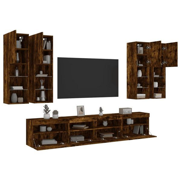 vidaXL 7-teilig TV-Wohnwand mit LED-Leuchten Räuchereiche, 3216775