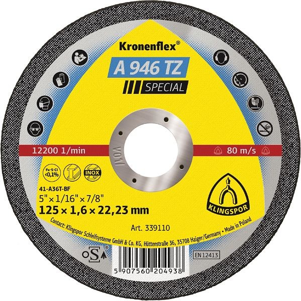 Klingspor A 946 TZ Trennscheiben 125 x 1,6 x 22,23 mm gerade, VE: 25 Stück, 339110