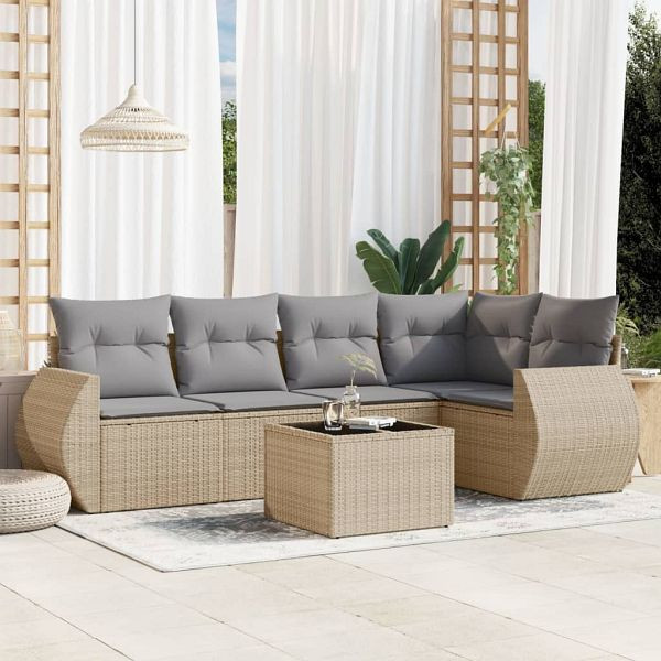 vidaXL 6-tlg. Garten-Sofagarnitur mit Kissen Beige Poly Rattan, 3253676