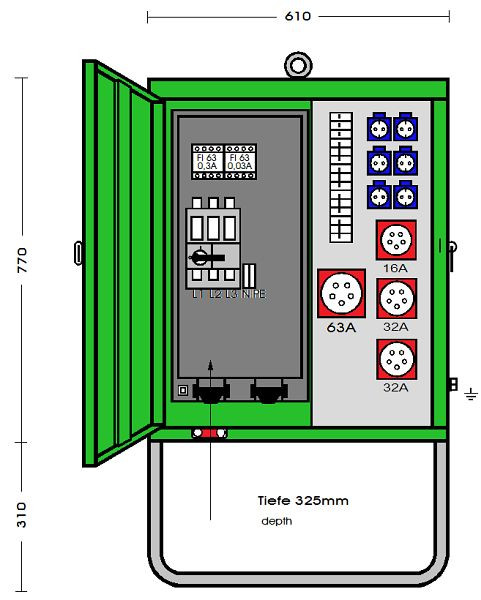Elektra Tailfingen Verteilerschrank 44 kVA mit 2 RCD Typ B, 4 CEE-Abgänge 16-63A und 6 Schutzkontakt-Steckdosen, V 63N/A/6121-2, 183219